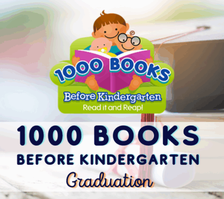 1000 Books Before Kindergarten logo with text "1000 Books Before Kindergarten Graduation" on top of background with graduation cap