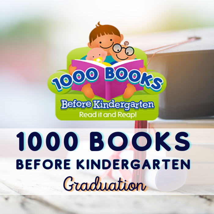 1000 Books Before Kindergarten logo with text "1000 Books Before Kindergarten Graduation" on top of background with graduation cap