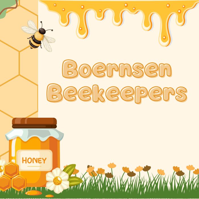 Image of a bee and honey with the name Boernsen Beekepers