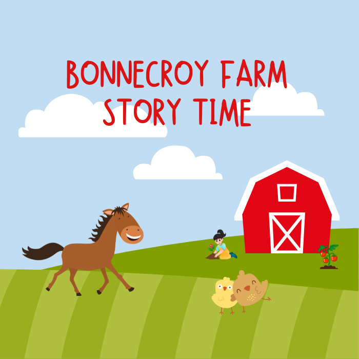 clipart of a farm with text that says Bonnecroy Farm Story Time