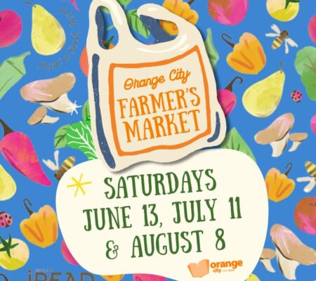 clipart of bag that says Orange City Farmer's Market against a background of vegetables. Text announcing the library will be at the Farmer's Market Saturdays, June 13, July 11 & August 8