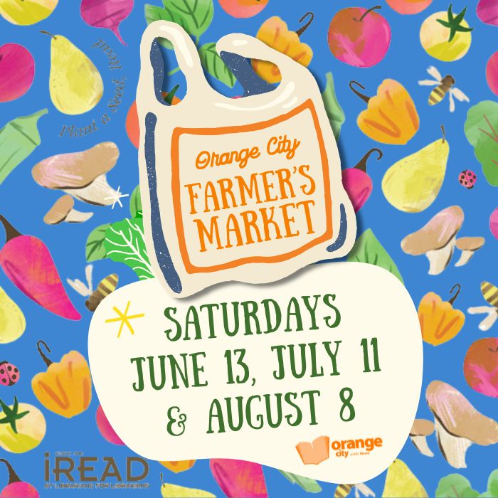 clipart of bag that says Orange City Farmer's Market against a background of vegetables. Text announcing the library will be at the Farmer's Market Saturdays, June 13, July 11 & August 8