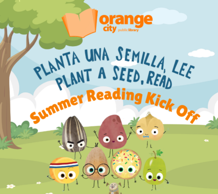 clipart of animated vegetables in a park with text about the Summer Reading Kick Off