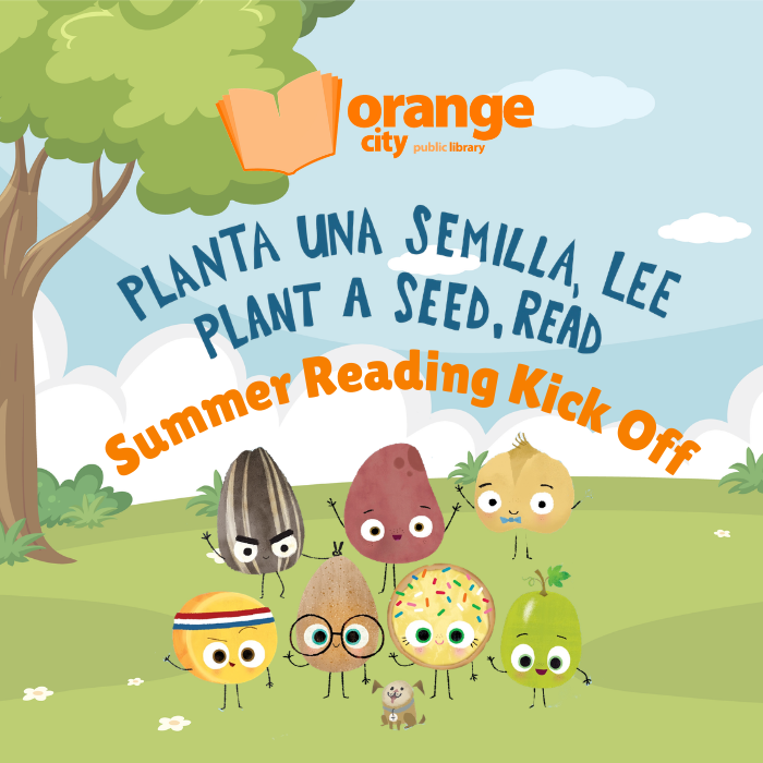 clipart of animated vegetables in a park with text about the Summer Reading Kick Off