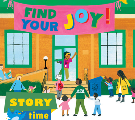 image of families walking into a library announcing a story time event
