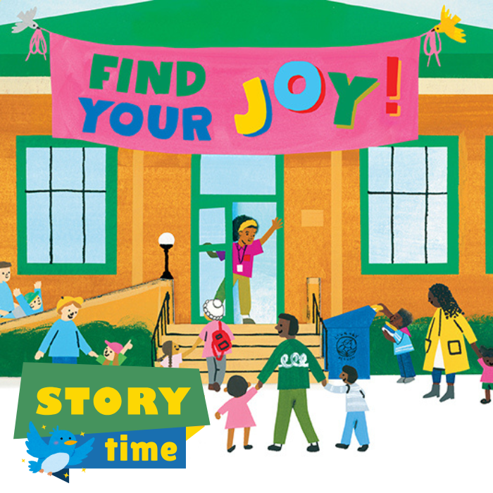 image of families walking into a library announcing a story time event