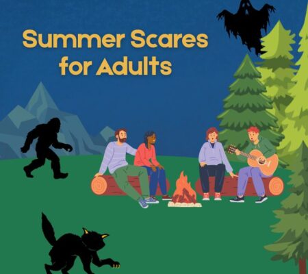 Image of people sitting around a campfire with a sasquatch in the background, a scary black cat, and a scary ghost in the sky