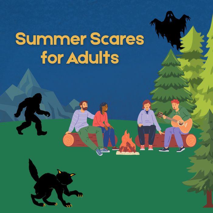Image of people sitting around a campfire with a sasquatch in the background, a scary black cat, and a scary ghost in the sky