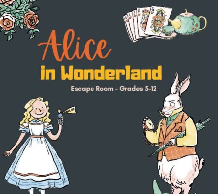 image of Alice in Wonderland, the white rabbit, a hand of cards (including the queen of hearts), a teapot and a rose bush. Text on top is Alice in Wonderland an escape room for Grades 5-12
