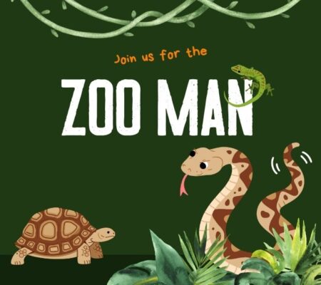 Clipart jungle vines and plants with a snake and tortoise. Text that says Join us for the Zoo Man