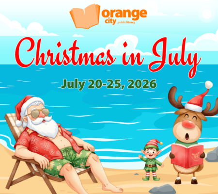 Santa relaxing on a chair on the beach, a reindeer singing, and an elf waving