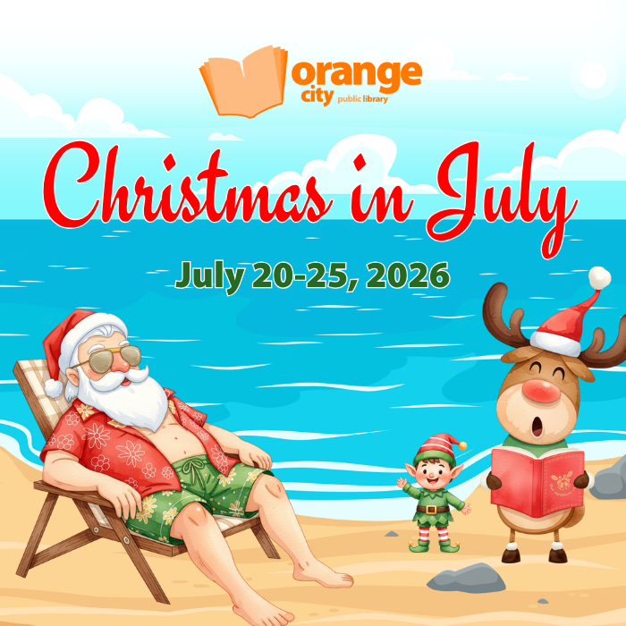 Santa relaxing on a chair on the beach, a reindeer singing, and an elf waving