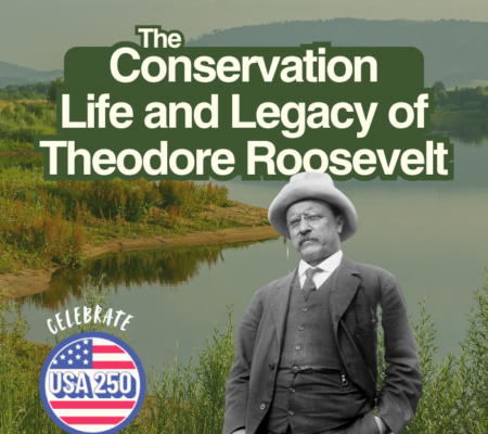 Photo of Theodore Roosevelt in front of lake and trees