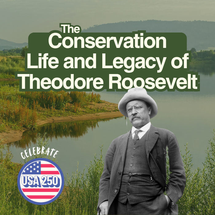 Photo of Theodore Roosevelt in front of lake and trees